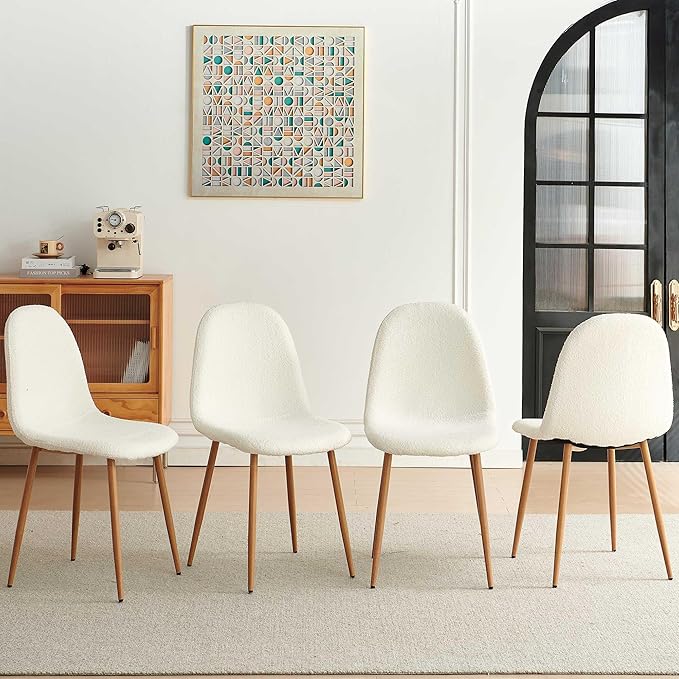 NORDICANA Set of 4 Dining Kitchen Mid-Century Modern Chairs with Metal Legs and Faux Fur Cushion for Living Room Kitchen Small Space, White