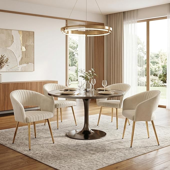 Cream Velvet Dining Chairs Gold Legs, Modern Dining Room Chairs with Arms Set of 2 Upholstered Accent Chair Armchair with Barrel Back for Kitchen Living Room