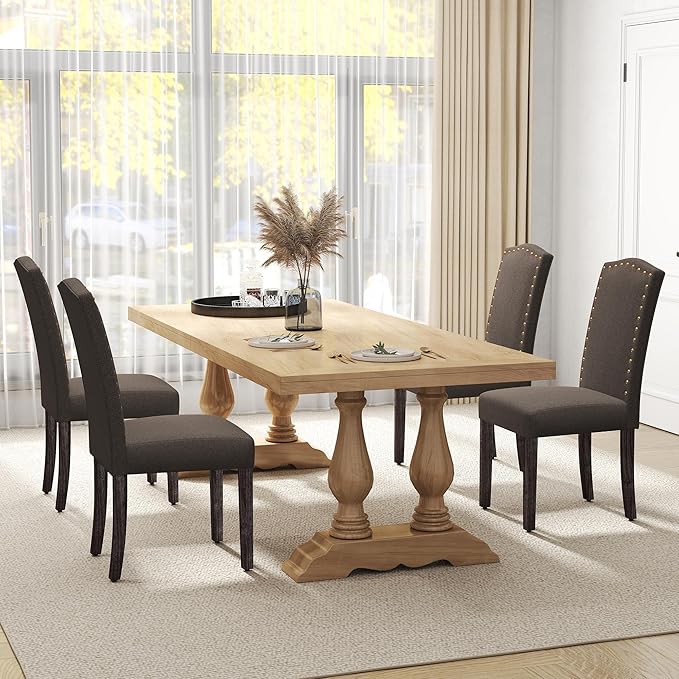 LSSPAID Dining Chairs Set of 4, Modern Comfy Linen Upholstered Parsons Dining Room Chairs with Bronze Nail Head Trim and Brushed Solid Wood Legs, Coffee