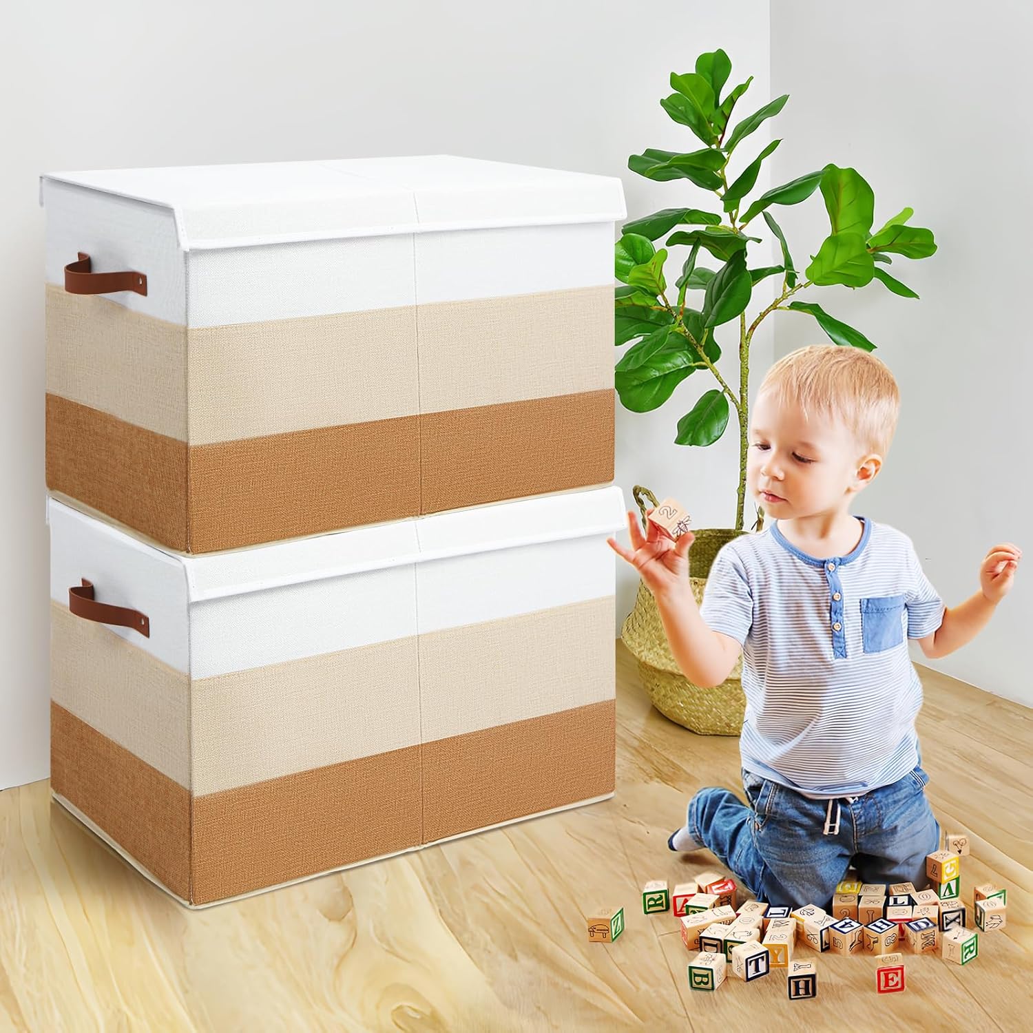 Mayniu Large Toy Box Chest with Divider, Sturdy Toy Storage Bin Organizer Baskets with Lid for Kids, Boys, Girls, Nursery, Living Room, Bedroom, Playroom, Closet, 25"x13" x16"(Gradient Brown)
