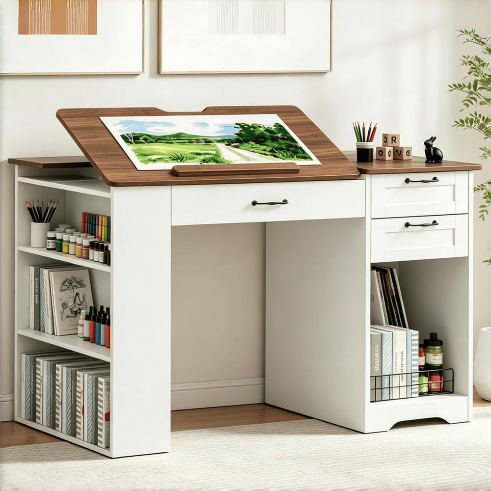 Drafting Table with Storage Cabinet & Drawers, Adjustable Drawing Desk wi...