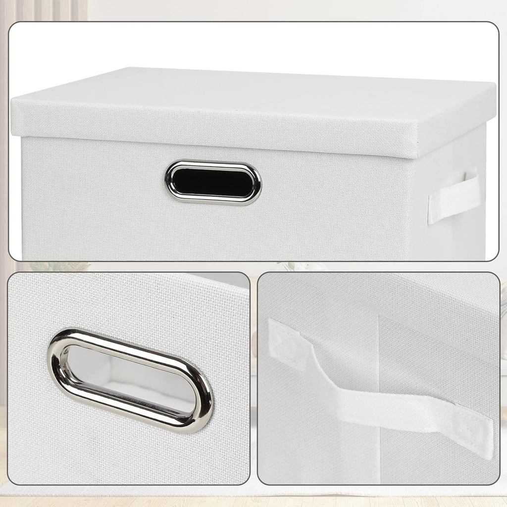 Medium 15" 21 Quart Collapsible Stackable Storage Bins with Lids, 1 Pack White Foldable Fabric Closet Storage Boxes with Lids, 4 Handles Heavy-duty Linen Cube Baskets for Bedroom