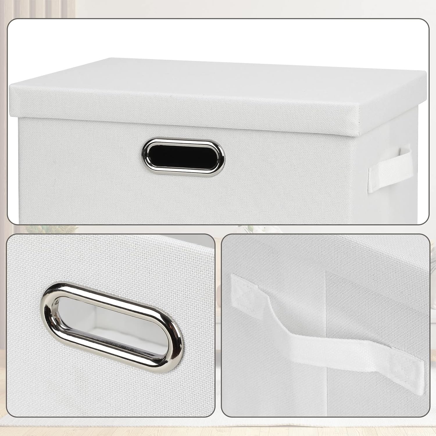 Medium 15" 21 Quart Collapsible Stackable Storage Bins with Lids, 1 Pack White Foldable Fabric Closet Storage Boxes with Lids, 4 Handles Heavy-duty Linen Cube Baskets for Bedroom