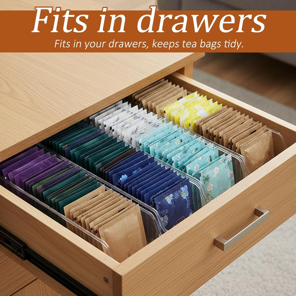 Small Clear Acrylic Tea Bag Storage Organizer, Acrylic Drink Packet Organizer, Clear Small Tea Packet Storage Box for Drawer, Pantry, Kitchen, Countertop, Tea Bar, 1 Pack