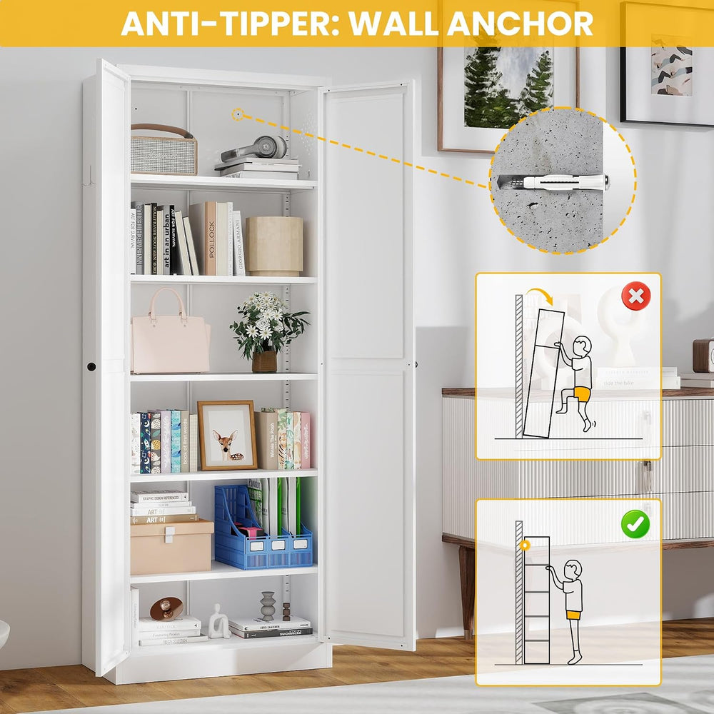 White Kitchen Pantry Cabinet, 72" Tall Metal Storage Cabinet with 2 Door...