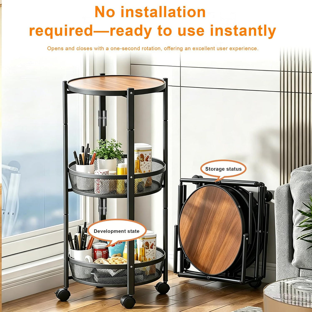SYO 3-Tier Round Rolling Storage Cart, Foldable Metal Mesh Basket Shelving Un...