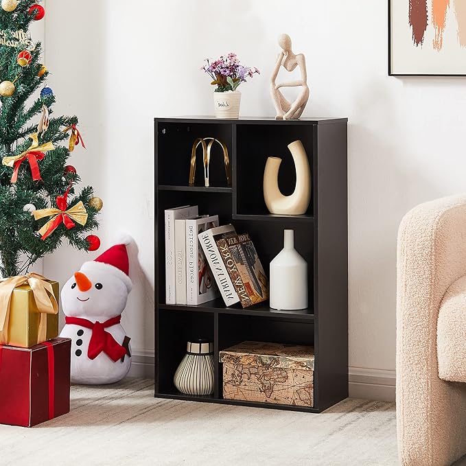 VECELO 31 Inch High Modern Kids Bookcase, 3-Tier Wide Bookshelves, 5 Cube Storage Organizer with Anti-tip Kit, Different Height Open Storage Fits Tallest Hardcovers, Easy to Install,Black