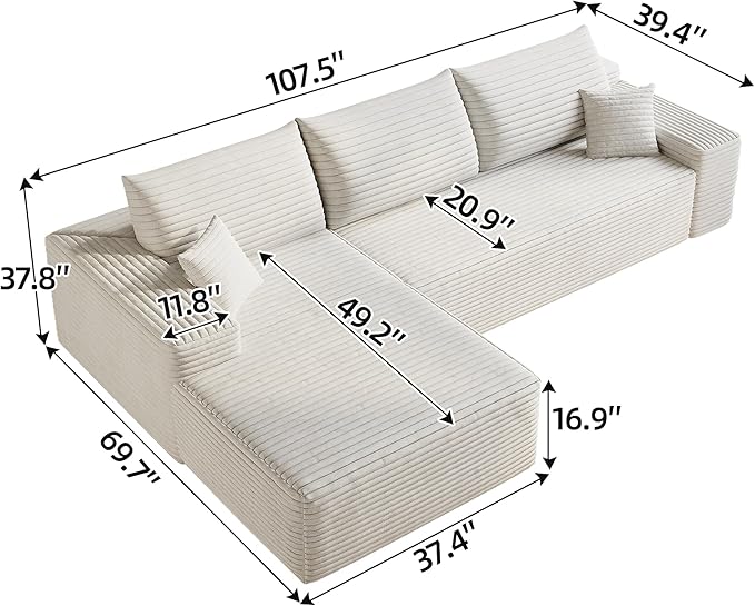 Eafurn Oversized L-Shaped Modular Sectional Sofa with Chaise, Fluffy Corduroy Upholstered Boneless Couch with Deep Seat, Minimalist Flexible Combination for Living Room | Breathable material, Full Foam, Anti-slip