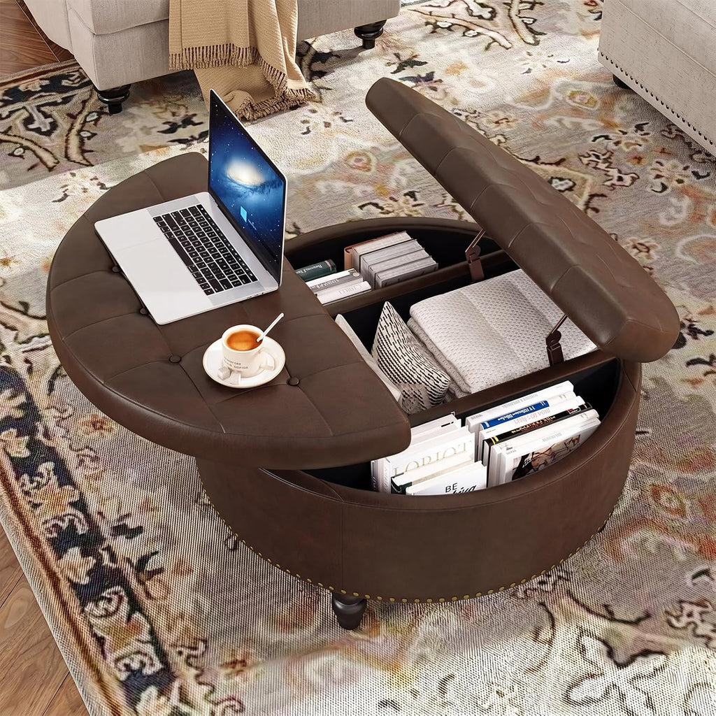 FiveWillowise 30 Inch Large Round Ottoman with Storage Circular,Chocolate | Leather Coffee Table with Lift Top,Modern Upholstered Button Tufted Footrest Stool Solid Wood Legs for Living Room,Bedroom