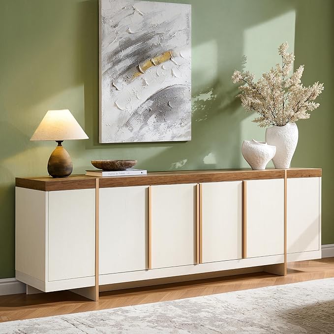 OKD Modern 70" TV Stand,Entertainment Center for TVs Up to 80",TV Console with Storage,Integrated Plinth,Handle-Free Hidden Doors Design,Media Console for Living Room,Bedroom(Antique White)