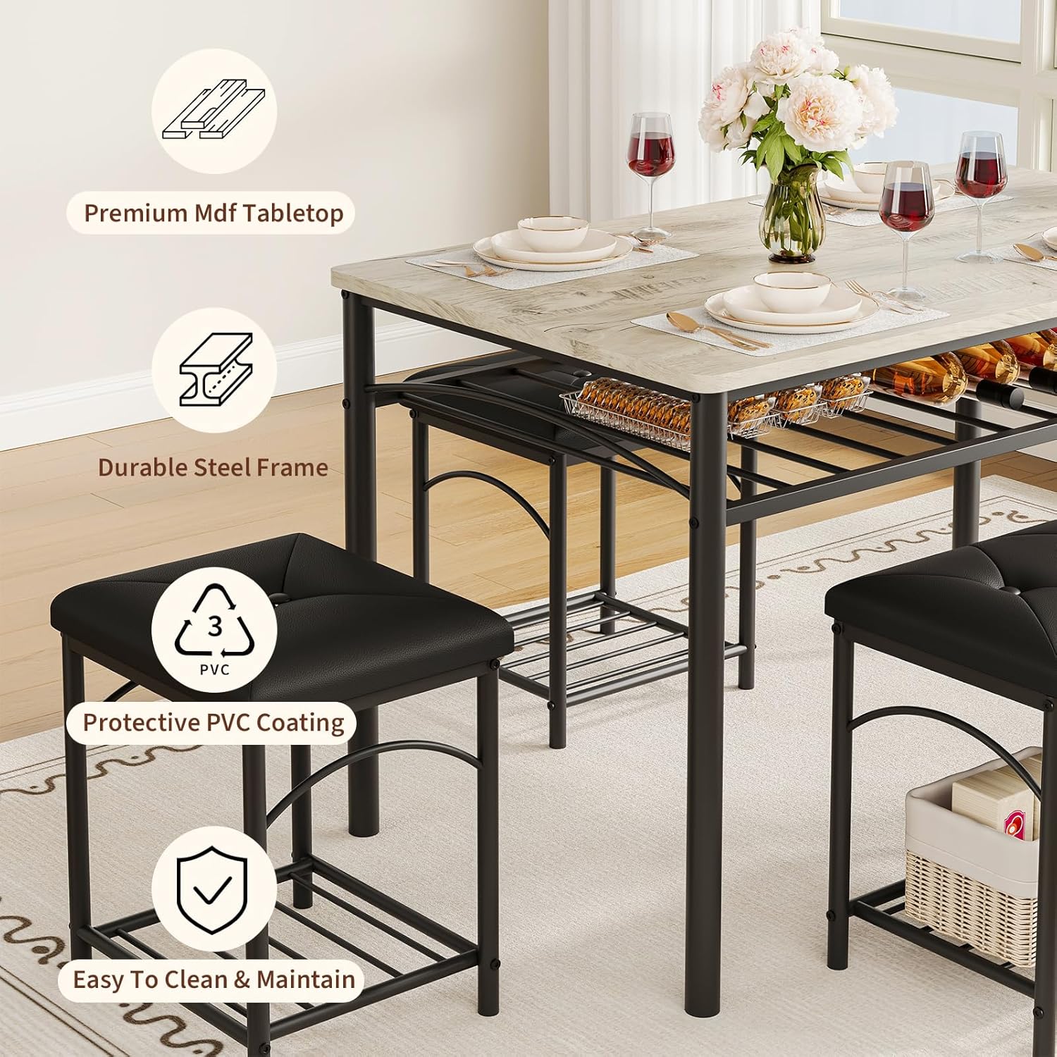 IDEALHOUSE Dining Table Set for 4 with Upholstered Benches and 2 Stools, Small Kitchen Table Chairs Set of 4 for Apartment, Studio, Home and Small Space
