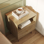 Wood Night Stand Set 2,Modern Bedside Table with Door and Open Storage,Fluted Nightstand and Wood End Side Table with Rose Gold Metal Legs and Handles for Bedroom,Living Room,Natural