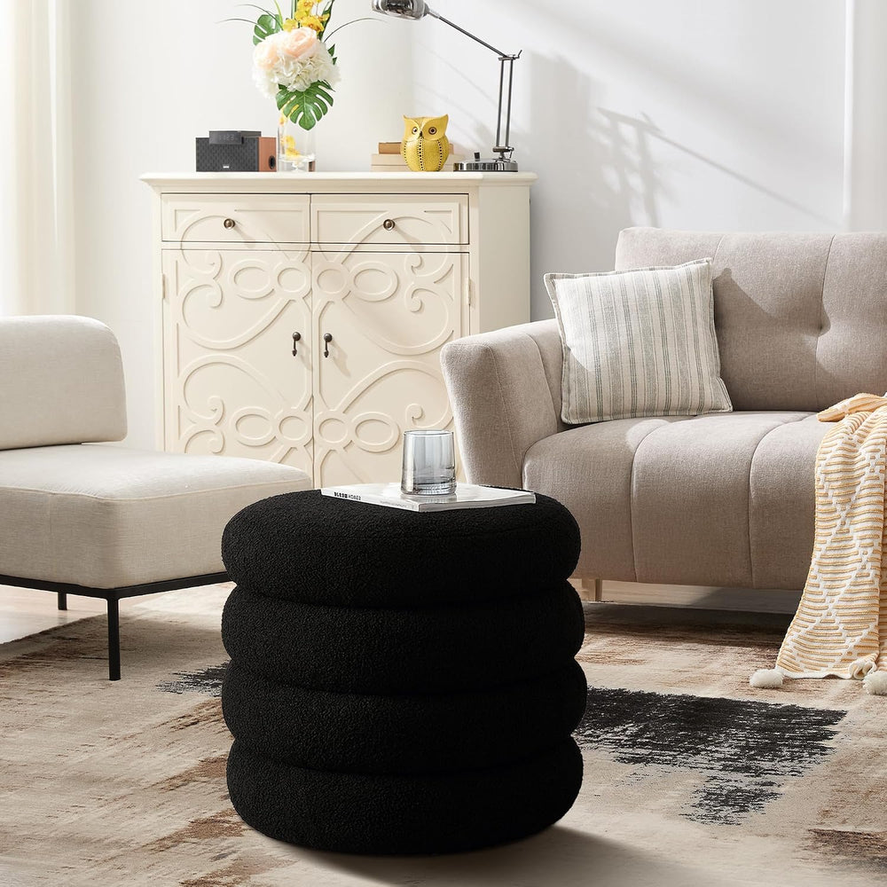 19.5 Inch Round Storage Ottoman, Modern Sherpa Ottoman Coffee Table with Remo...