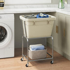 ELYKEN Laundry Cart with Wheels, Rolling Laundry Hamper with Removable Bag and Shelf, Metal Frame Laundry Basket with 4 Casters and 2 Brakes, Ideal for Bedroom, Bathroom, Laundry Room, Cream