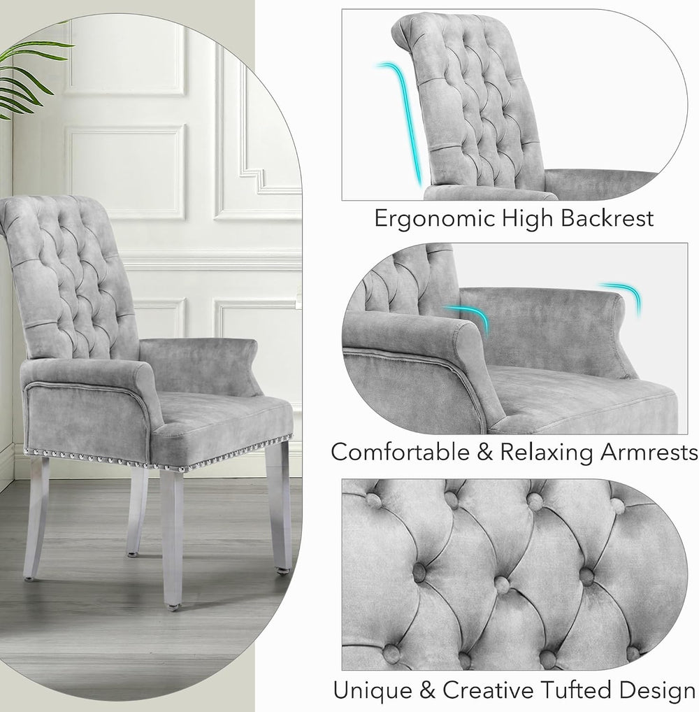 Velvet Dining Chairs with Arms, Upholstered Dining Room Chairs, Grey | Uphols...