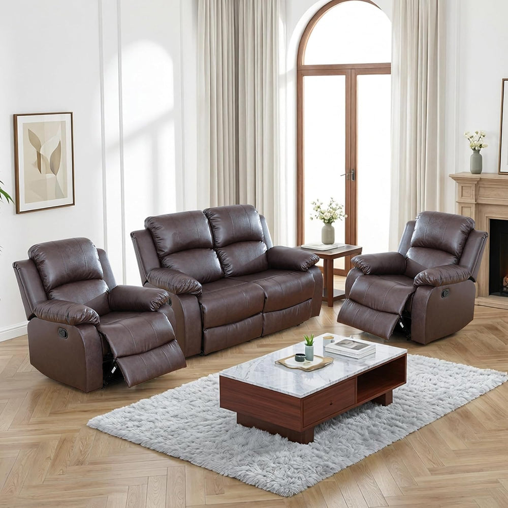 Faux Leather Manual Recliner Sofa Set, 3 Piece Living Room Furniture Set, Lov...