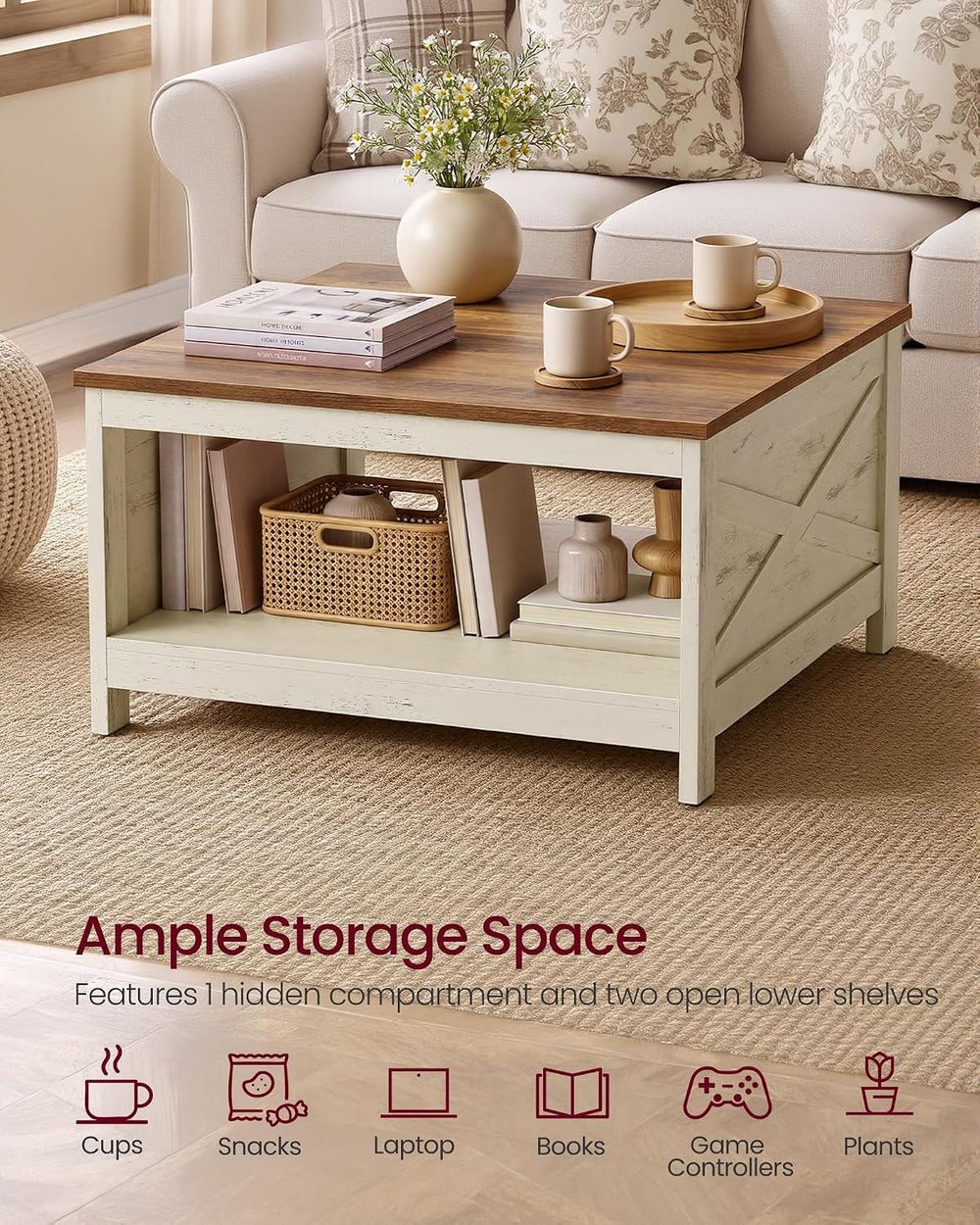 VASAGLE Lift Top Coffee Table, Square Farmhouse Coffee Table with Storage