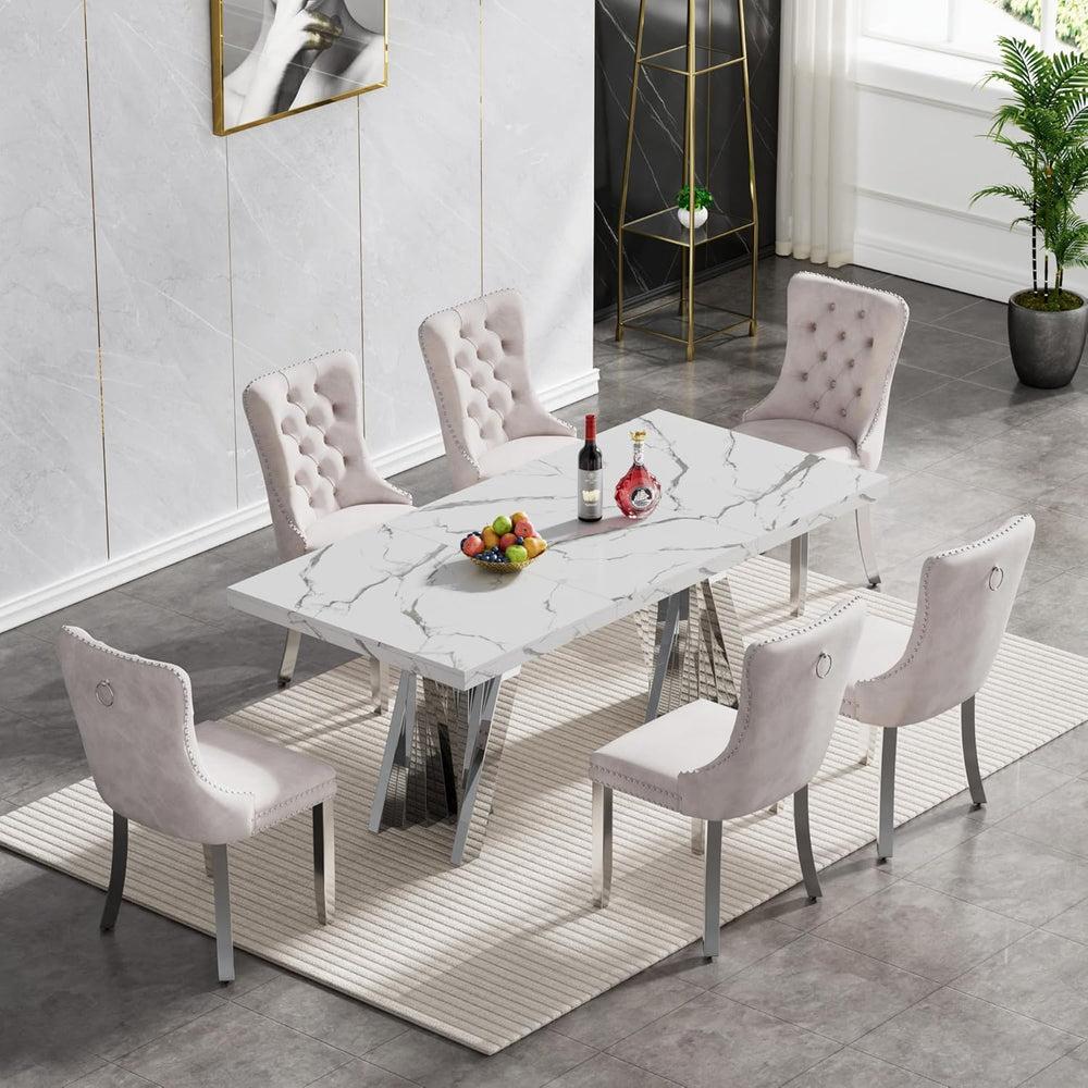 70" Faux Marble White Dining Table for 6, Modern Dining Room Table with ...