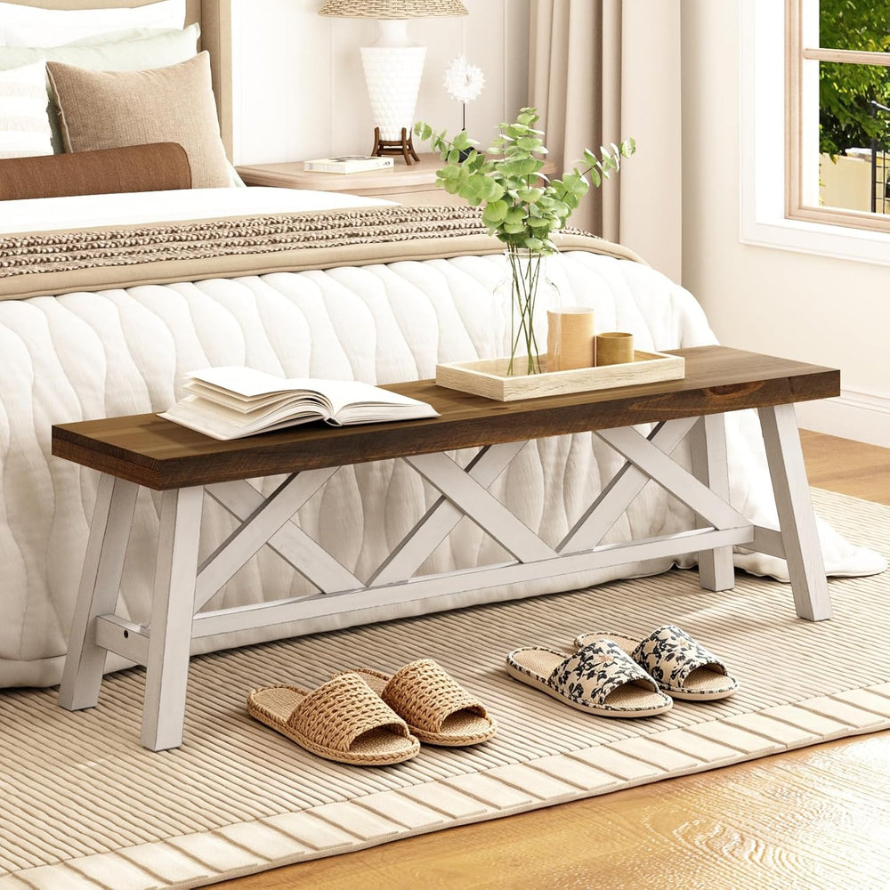 Wnutrees 54" Farmhouse Wood Bench, Rustic Solid Wood Entryway Bench Seat...