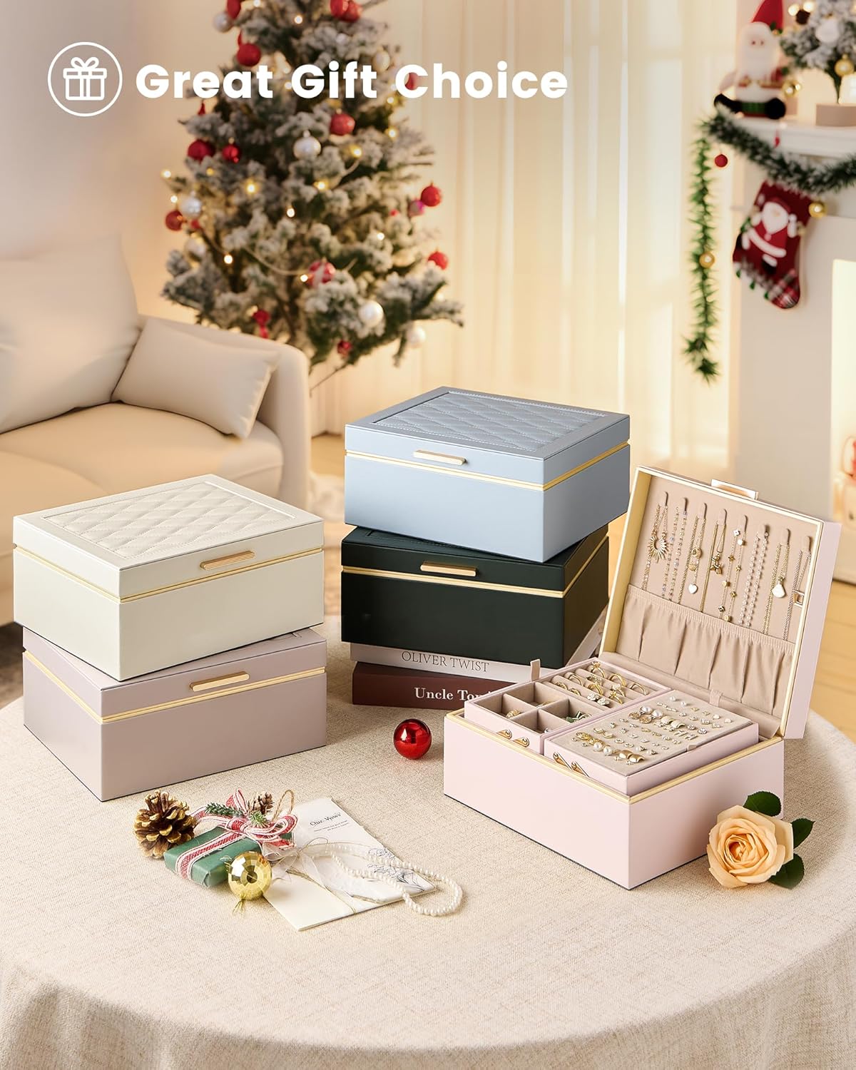Lolalet Jewelry Box for Women Girls, 2 Layer Jewelry Organizer -Cream | Jewellery Storage Case, Necklace Earrings Rings Bracelets Holder, Cnristmas Birthday Gifts for Mom Teen Girls Daughter