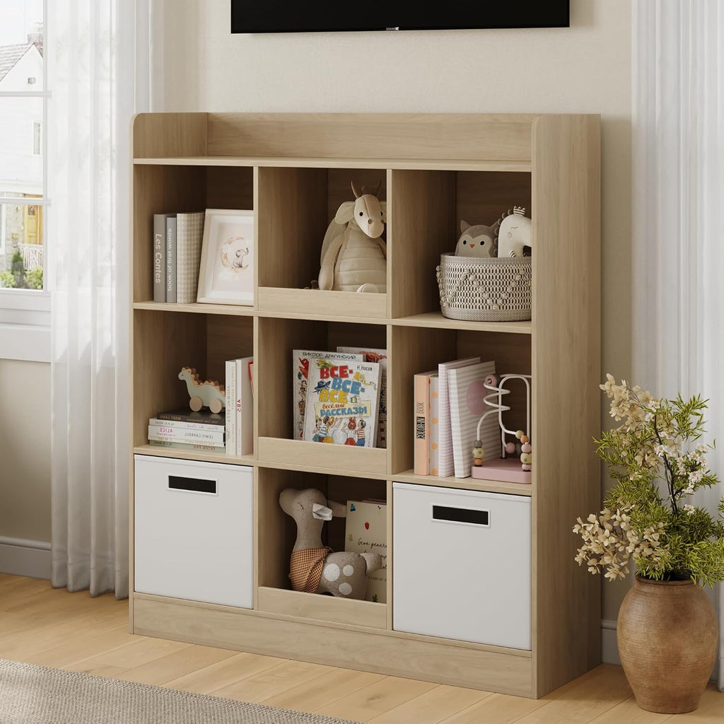 Housoul Kids Bookshelf, Toy Storage Organizer with Fabric Drawers, Natural | Bookshelf with 9 cube, 3-tier freestanding wooden open shelf bookshelf, modern kids display bookcase for living room, office