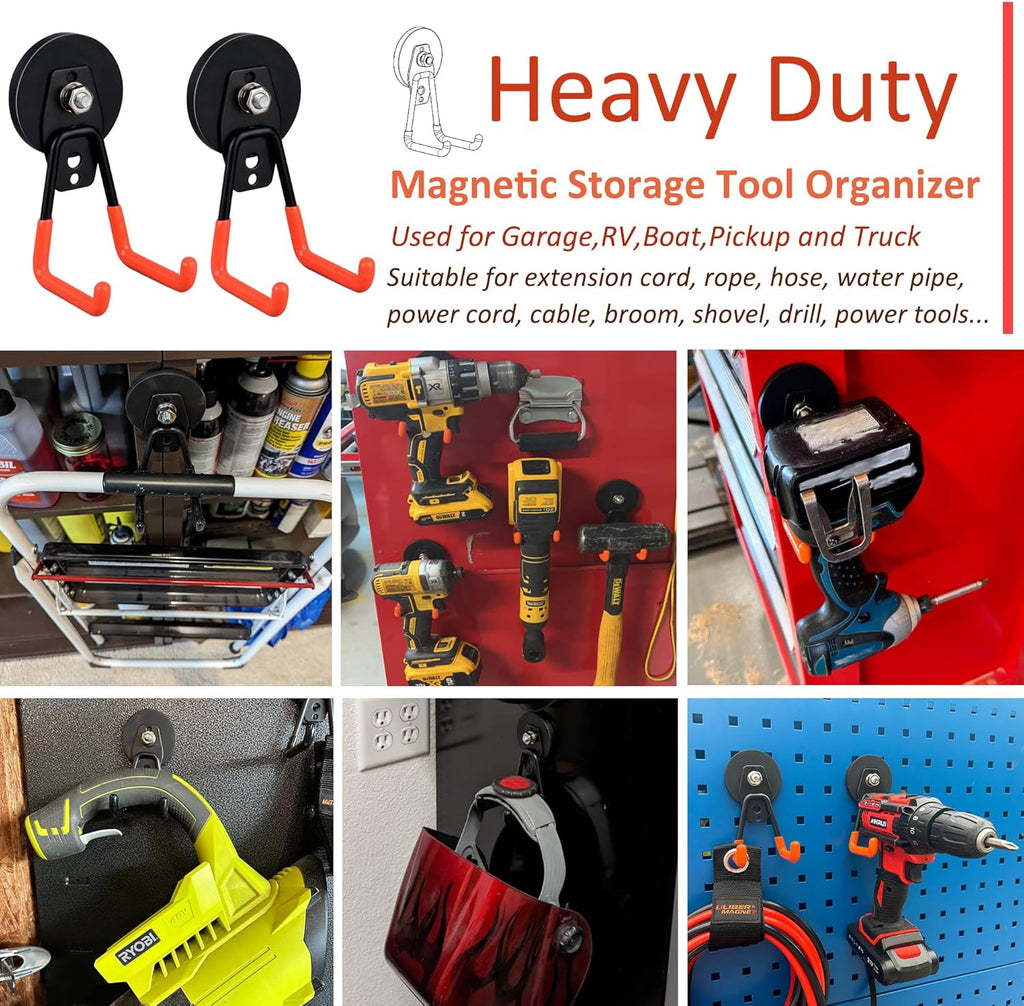 ULIBERMAGNET Heavy Duty Magnetic Garage Hooks,Strong Large Magnet Hooks for Power Drill,Garden Tools,Hose,Pegboard,Garage, Workshop,2 Pack Magnetic Storage Holder for Indoor Outdoor Hanging(Orange)