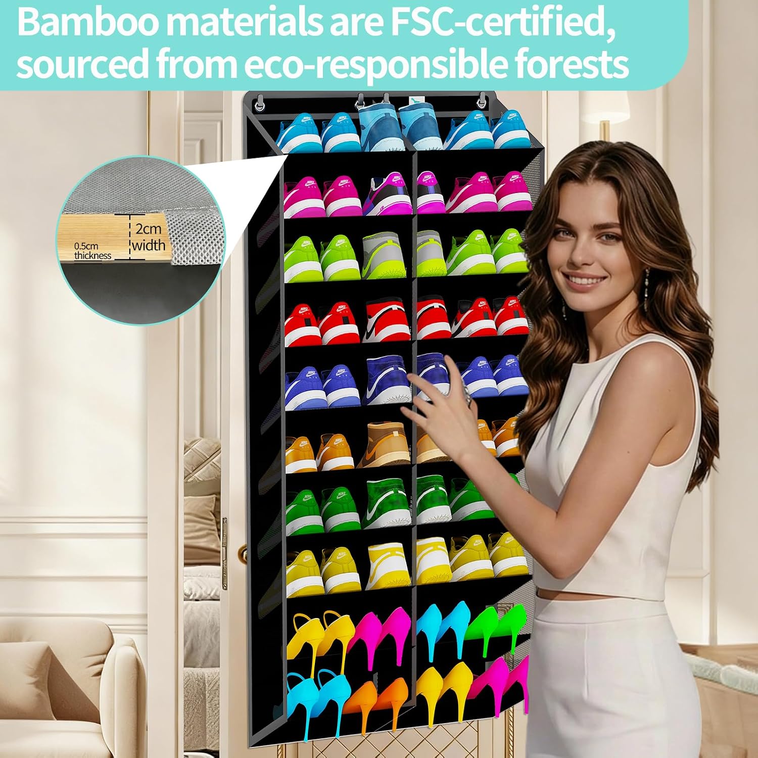 Large Shoe Rack for Door 74 x 24 Inches, Over the Door Shoe Organizer, Heavy-Duty Hanging Shoe Storage for Closet, Extra-Wide 30 Pairs Shoe Holders Fit Family Sneakers Heels Boots - Black