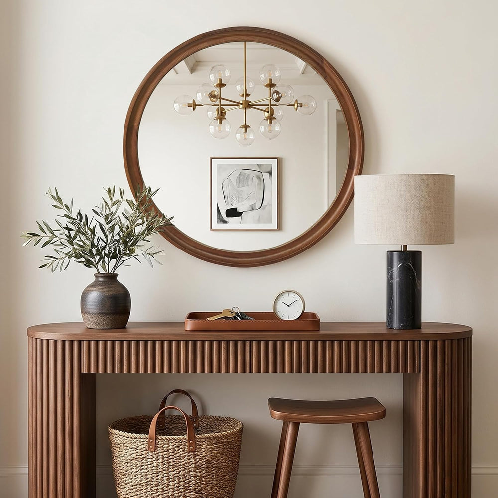 FICTOR Round Wood Mirror, 24" Circle Mirrors for Wall Decor, Walnut Brown