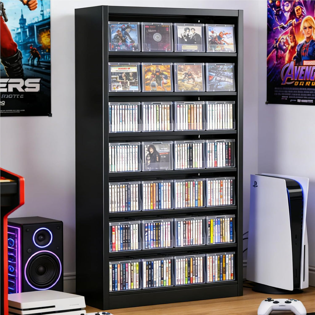 Metal DVD Storage Shelves, 7-Tier CD Storage Rack with Adjustable Shelves, DVD Organizer Shelf, Media Cabinet for CD Holder, Movies, Blu rays, Games for Living Room & Home Office (Black)