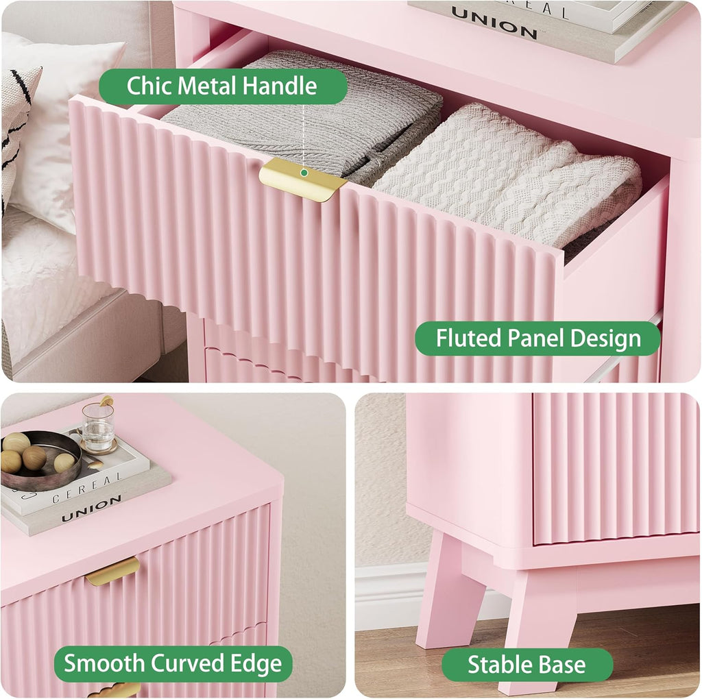 Fluted Nightstand with 3 Storage Drawers, 24" Wide Wood Bedside Table with Mental Handle, Mid Century Modern Wooden Side Table Night Stand, Curved End Table for Bedroom, Living Room, Pink