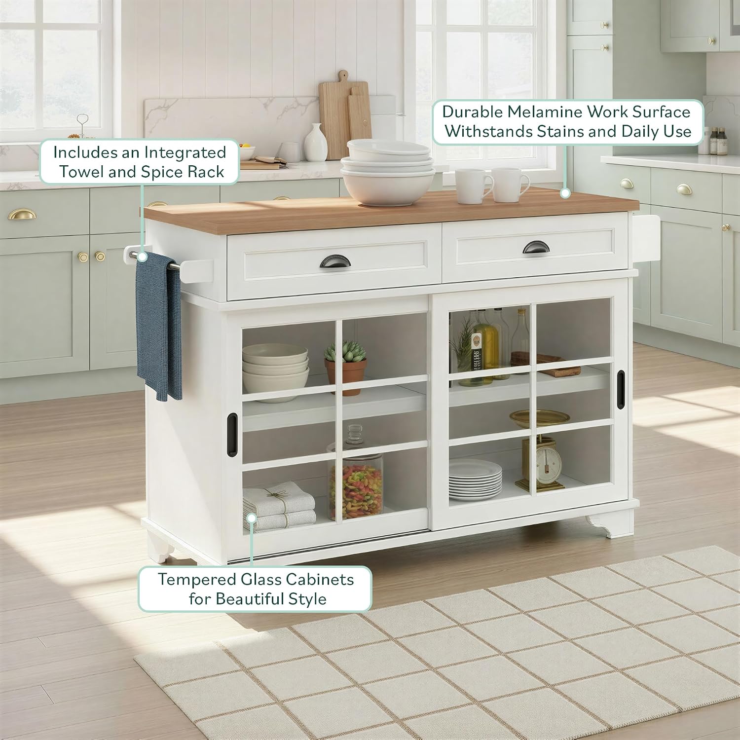 Walker Edison Carolina Modern Free-Standing 48 Inch Kitchen Island with Drawers, White