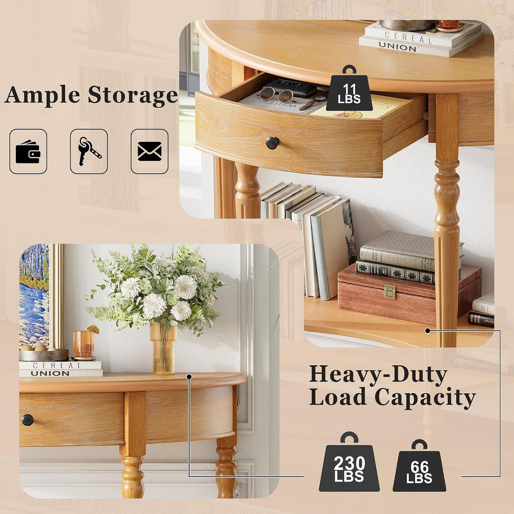 LKTART Vintage Half Moon Console Table with Solid Pinewood Frame & Legs, ...