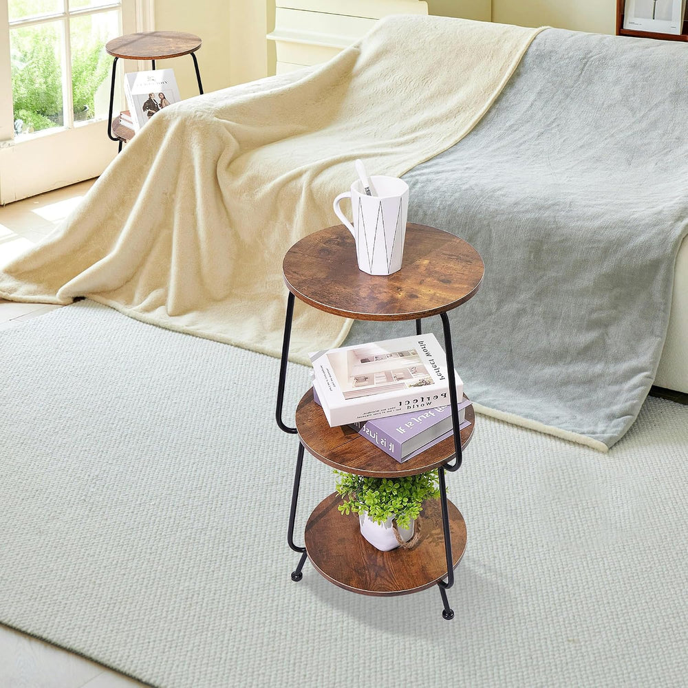 Small Round Side Table - 3 Tier End Table with Storage Shelf, Slim Industrial...