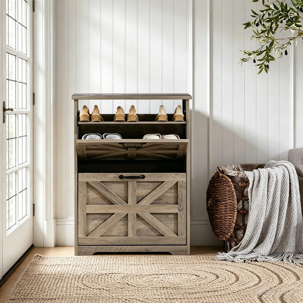 Shoe Cabinet with 2 Flip Drawers, Farmhouse Shoe Storage for Entryway, Wooden...