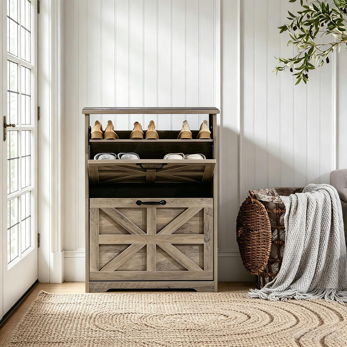Shoe Cabinet with 2 Flip Drawers, Farmhouse Shoe Storage for Entryway, Wooden Shoe Organizer Cabinet with Adjustable Shelves, Hidden Slim Shoe Cabinet for Hallway, Living Room, Sierra