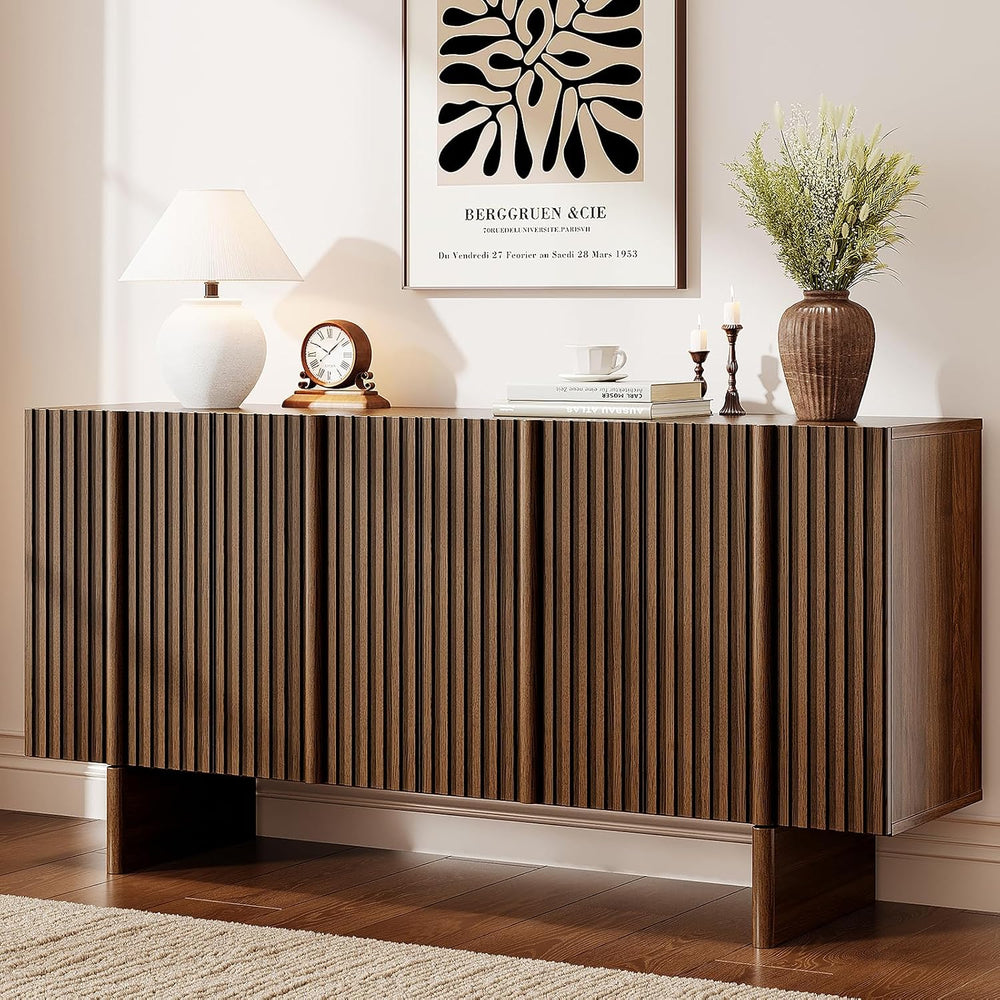 ONBRILL 63" Fluted Sideboard Cabinet with Storage Adjustable Shelves Walnut