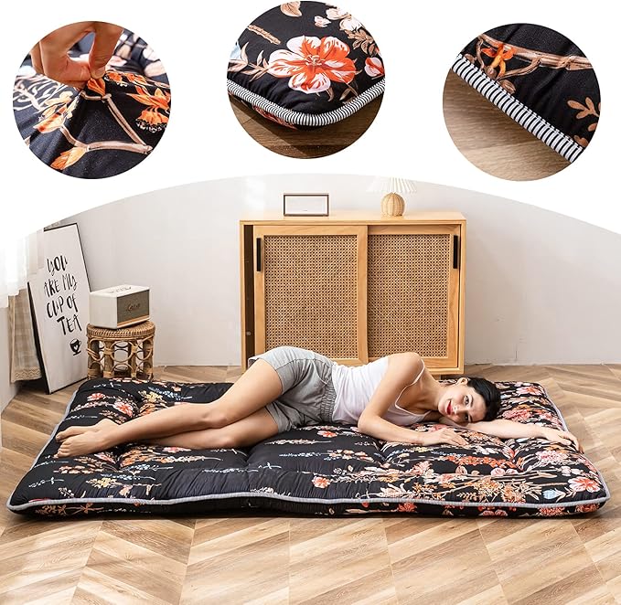 MAXYOYO Japanese Floor Mattress Futon Mattress, 4" Thicken Tatami Mat Sleeping Pad Foldable Roll Up Mat Boys Girls Dormitory Pad Kids Floor Lounger Pillow Bed, Charcoal Grey, Queen Size