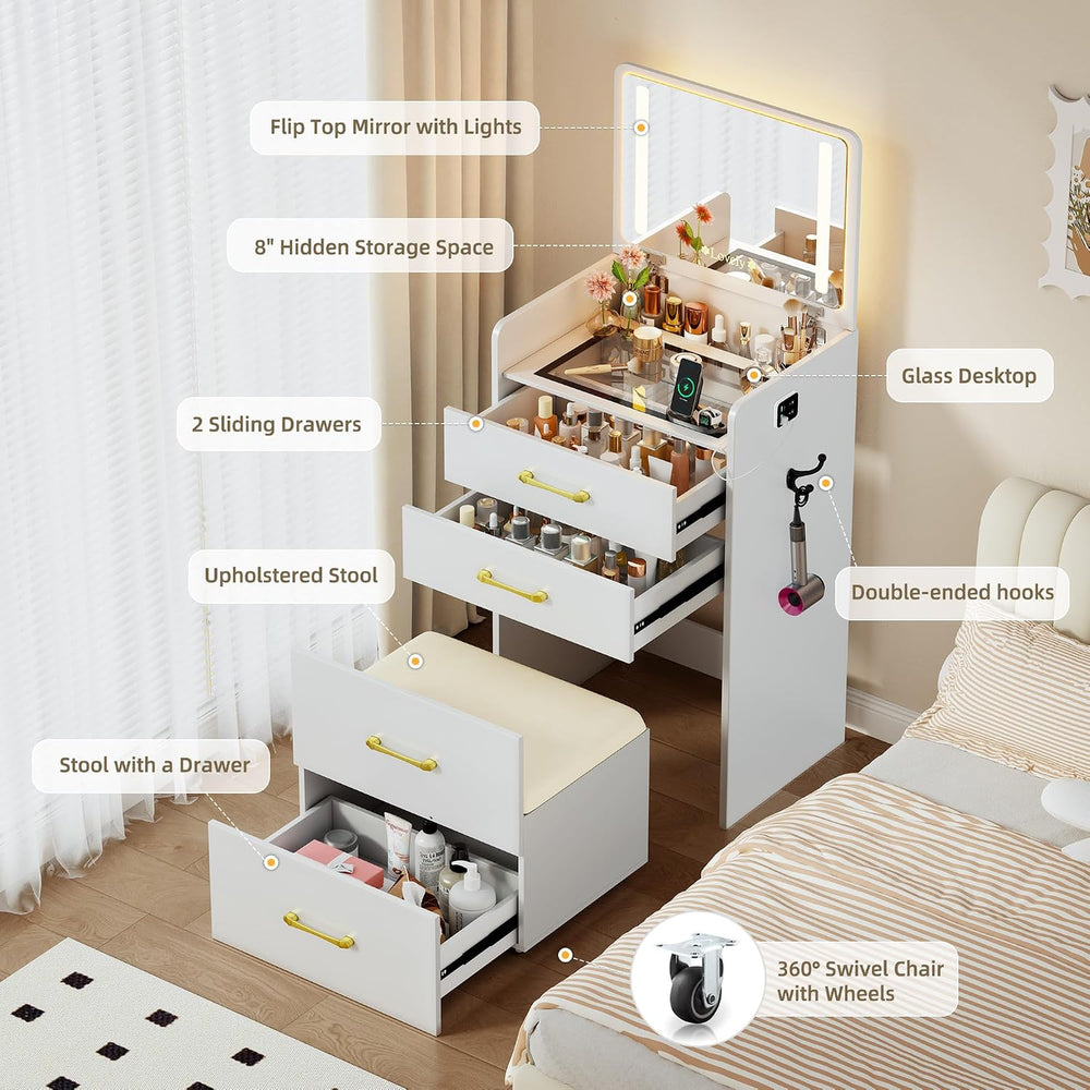 3 in 1 Vanity with Mirror and Sensor Lights,Charging Station,Pure White | Gla...