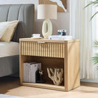 LEYAOYAO 31" Wide Fluted Nightstand Set of 2 with Charging Station, Oversized Extra Large 1 Drawer Night Stand with Golden Handle, Natural Wood Bedside Table Tall End Tables,for Bedroom, Living Room