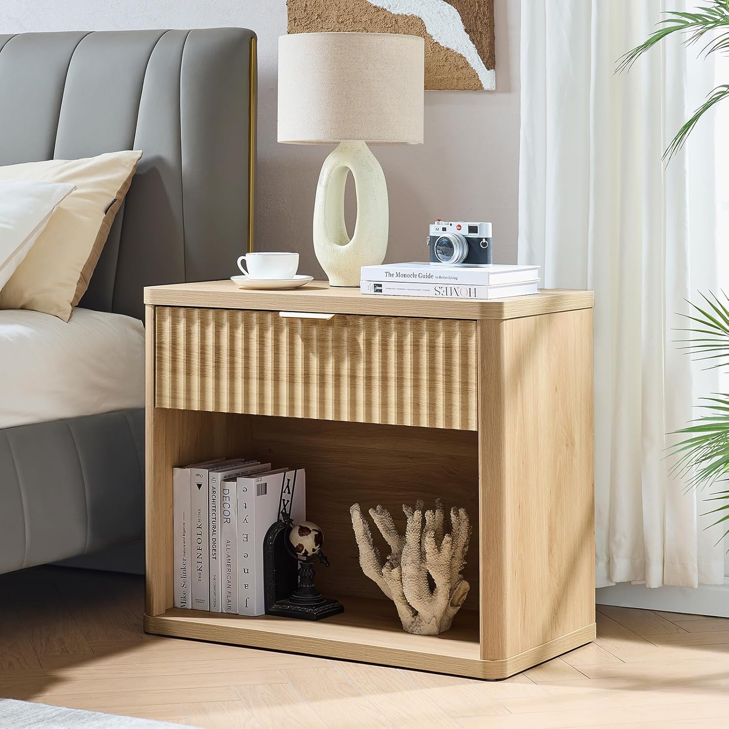 LEYAOYAO 31" Wide Fluted Nightstand Set of 2 with Charging Station, Oversized Extra Large 1 Drawer Night Stand with Golden Handle, Natural Wood Bedside Table Tall End Tables,for Bedroom, Living Room