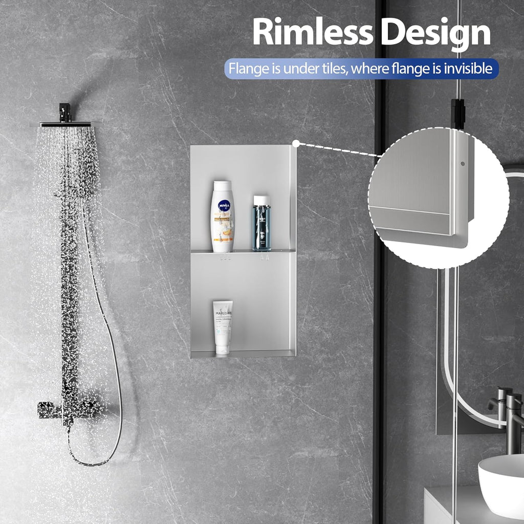 Bathroom Wall Niche, Stainless Steel Shower Niche 12" X 24", Rimless Recessed Wall Shelf for Bathroom, Double Shelves Bathroom Niche No Tile Needed, Brushed Nickel