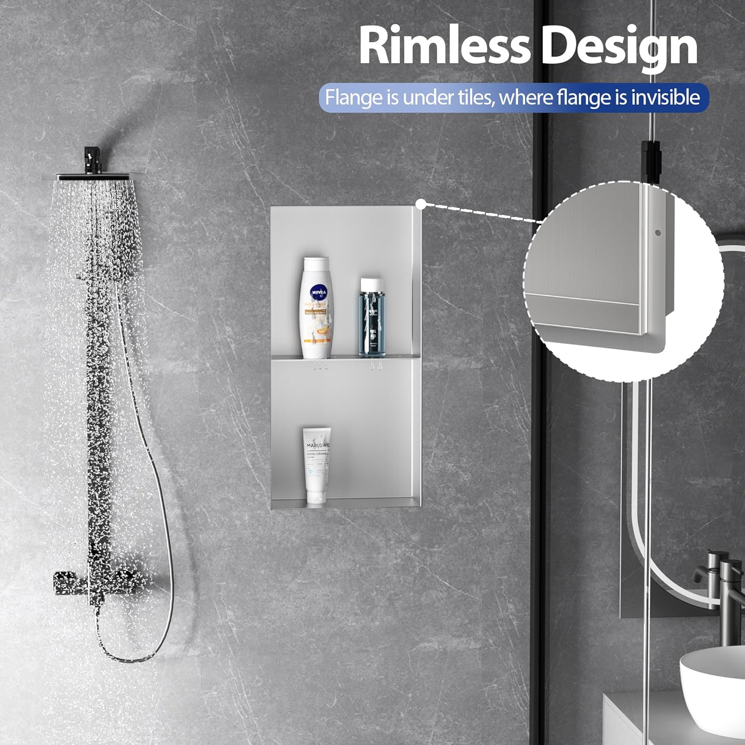 Bathroom Wall Niche, Stainless Steel Shower Niche 12" X 24", Rimless Recessed Wall Shelf for Bathroom, Double Shelves Bathroom Niche No Tile Needed, Brushed Nickel