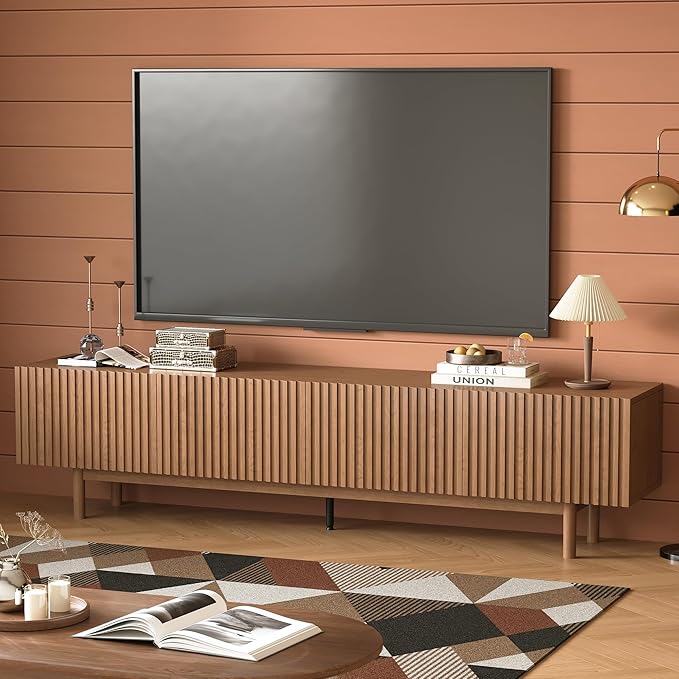 86.61" Mid-Century Modern TV Stand for TVs up to 85", Walnut Entertainment Console with Solid Wood Legs and Large Storage, Sturdy Media Cabinet for Living Room & Bedroom