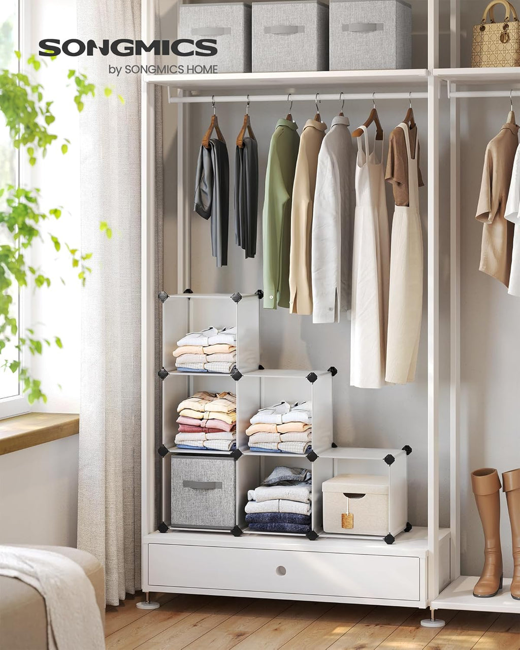 SONGMICS 6 Cube Storage Organizer, DIY Closet Shelf, Plastic Clothes Organizer, Modular Bookcase, 11.8 x 11.8 x 11.8 Inch Cubes, with Feet and Rubber Mallet, White ULPC06W