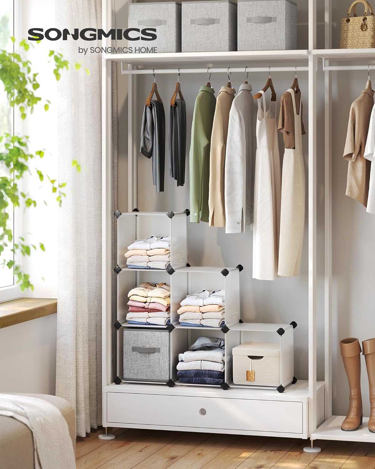 SONGMICS 6 Cube Storage Organizer, DIY Closet Shelf, Plastic Clothes Organizer, Modular Bookcase, 11.8 x 11.8 x 11.8 Inch Cubes, with Feet and Rubber Mallet, White ULPC06W