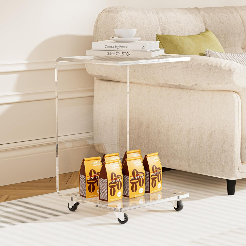 Acrylic Side Table with Wheels, Movable C Shaped Sofa Table with Storage, Rol...