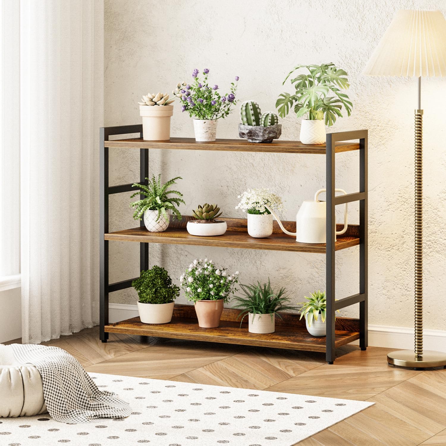 NUMENN Wide Bookshelf, 3 Tier Freestanding Shelving Unit, Vintage | Metal Frame & Wood Shelves, Falling Prevention Baffle, Open Storage Bookcase for Bedroom, Living Room & Home Office