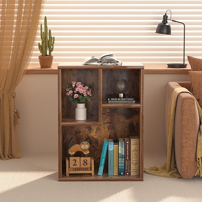 VECELO 3-Cube Small Bookshelf, Modern Bookcases with Shelves Height Up to 12.8 Inches, Suit for Common Size Textbook, Vertical or Horizontal, Cubby Storage Organizer,Rustic Brown