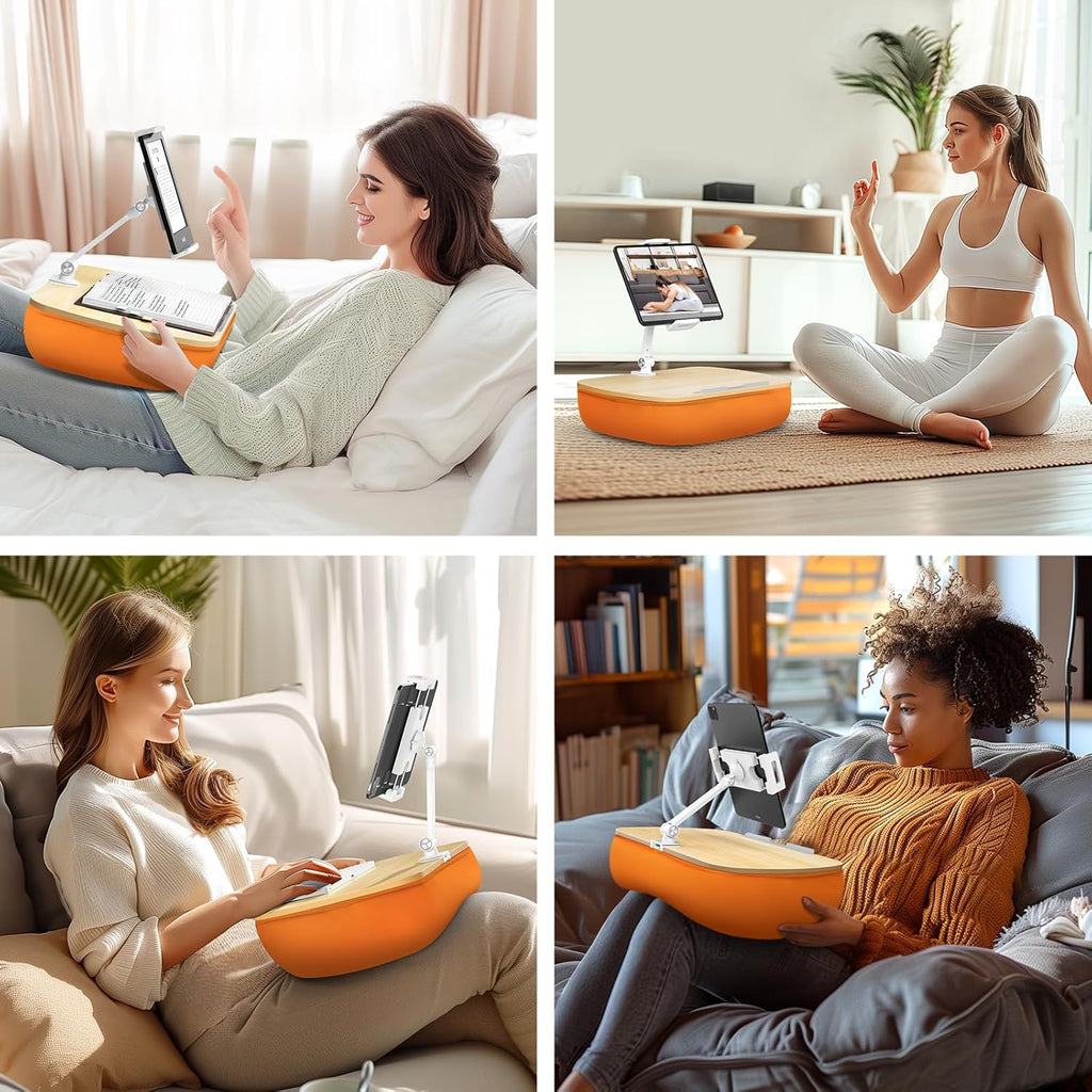 Cozy Kindle Pillow Stand with 360° Adjustable Tablet Holder, Wooden Panel, iPad Stand for Hands Free Reading in Bed, Couch, Sofa, Compatible with 4.7"-13" Kindle, iPad, Phone, up to 14"Laptop