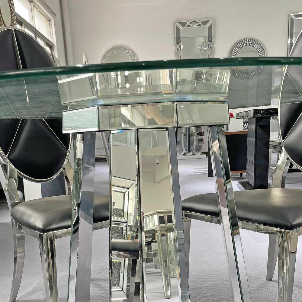 Henf Luxury Round Glass Dining Table for 4-6, Silver 47" Glass Kitchen T...
